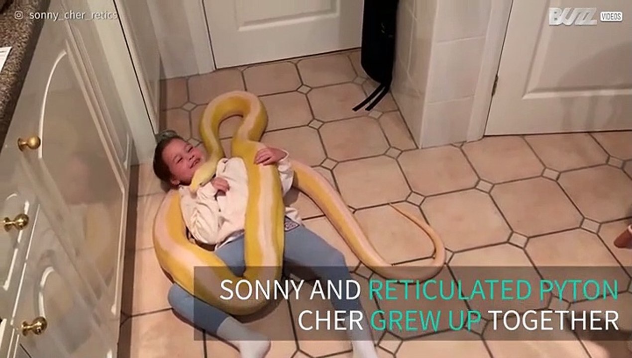 Girl plays with giant python on kitchen floor
