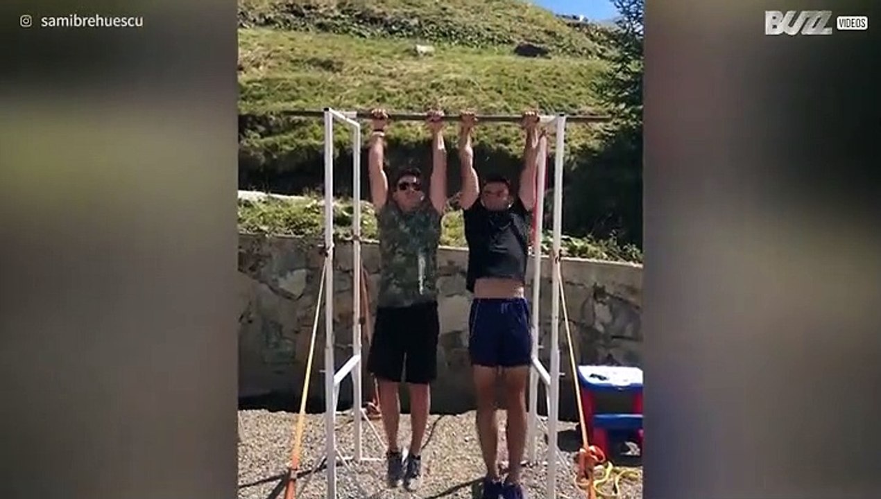 "One person per pull-up bar, please!"