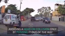 Attempt at overtaking almost ends in head-on collision