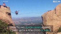 Slackliner falls at dizzying heights