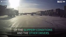 Trailer pickup truck slides on icy roads