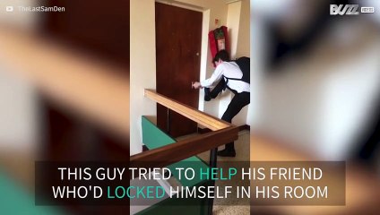 Guy fights losing battle against door