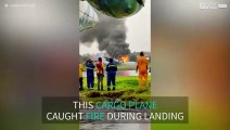 Plane catches fire after landing