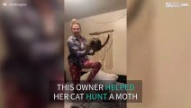 Owner helps her cat catch a moth