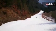 Romania, orso curioso insegue il gruppo di escursionisti ma il maestro di scii lo semina in discesa