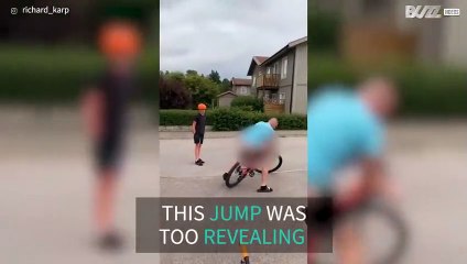 Man reveals more than expected in bicycle jump