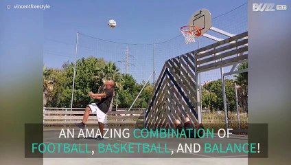Youngster shoots hoop backwards using feet!