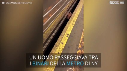 Uomo esce da sotto un vagone della metro a NY