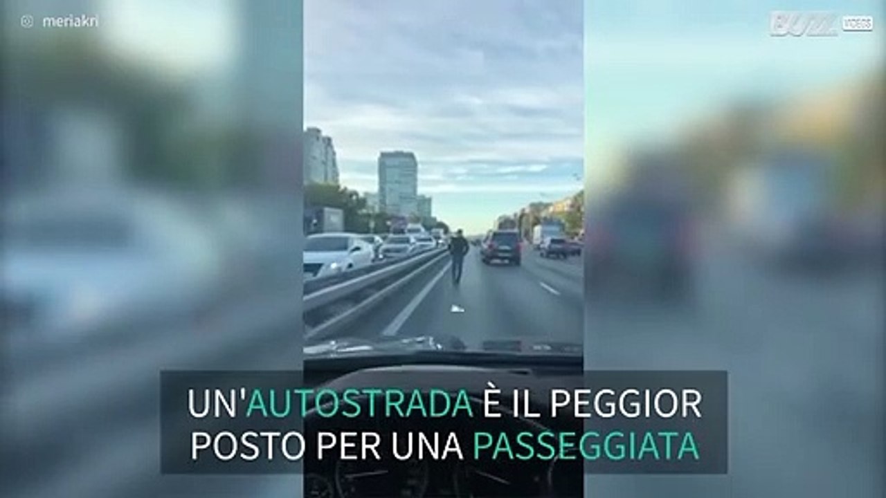 Mosca: uomo passeggia tranquillamente in autostrada