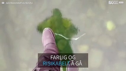 Denne typen risikerer en hel del med å filme en frossen innsjø