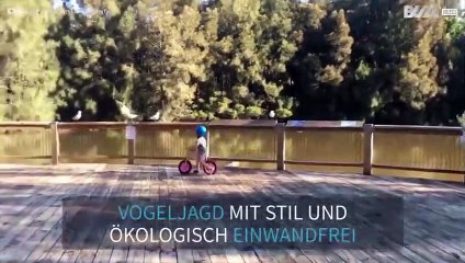 Kleiner Junge hat Spaß an der Vogeljagd auf seinem Laufrad