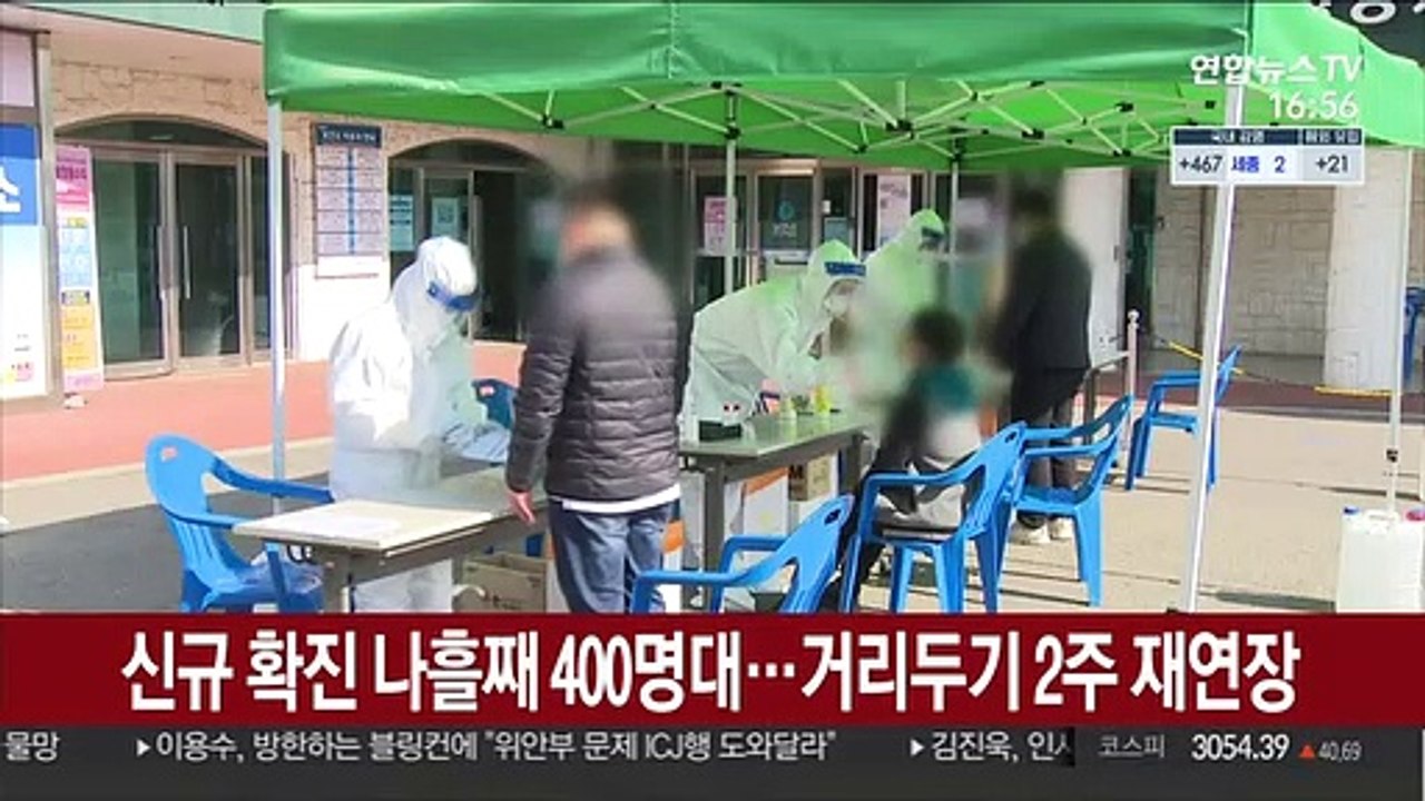 신규확진 나흘째 400명대…거리두기 2주 재연장
