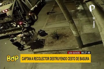 Los Olivos: recolector es captado destruyendo cesto de basura