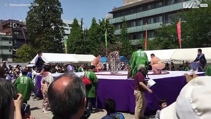 Sumo worstelaars komen samen om baby's te laten huilen