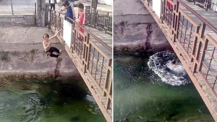 Tehlikeyi hiçe sayıp kanala atlayan çocuğu hem çekti hem de destekledi