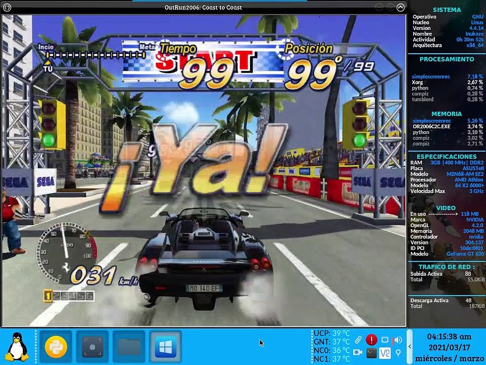 Jugabilidad PC Liñux - Outrun 2006 ( Wine 1.8.6 - 32 Bits )