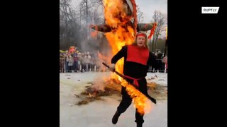 Festival worker has narrow escape as Maslenitsa scarecrow explodes into flames