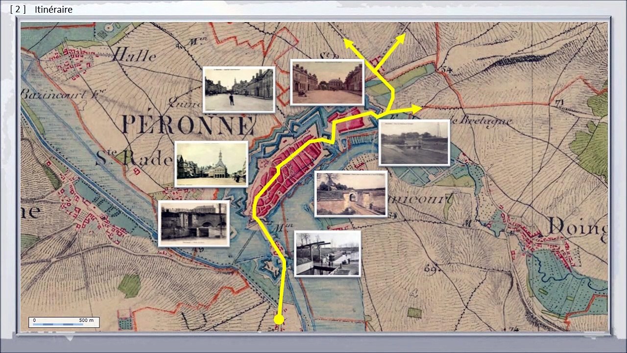 179 - PERONNE, BALADE DANS LE TEMPS,  -- La route des Flandres, au début du 20ème siècle, traverse la ville.