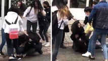 Genç kızın yere yatırılıp tekme tokat dövüldüğü anlar kamerada