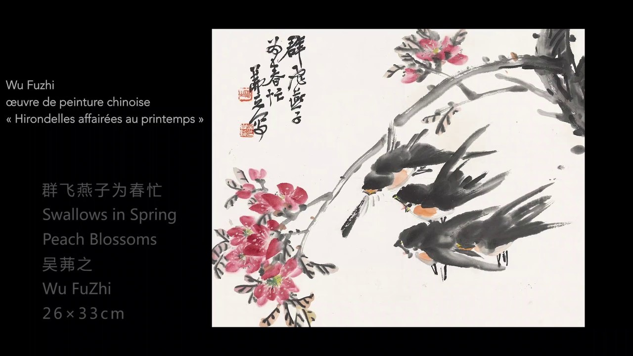 Wu Fuzhi, œuvre de peinture chinoise « Hirondelles affairées au printemps »/吴茀之中国画作品《群飞燕子为春忙》/Swallows in Spring Peach Blossoms, Chinese painting by WU Fuzhi