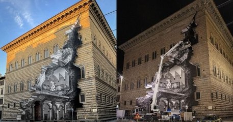 Signée JR, cette magnifique œuvre en trompe-l'œil « ouvre » la façade d'un musée de Florence, fermé pendant le confinement