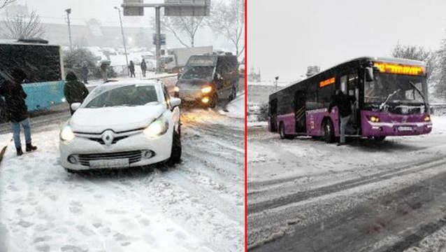 Meteoroloji'nin uyarılarının ardından İstanbul'da kar bir anda bastırdı! Araçlar yollarda kaldı
