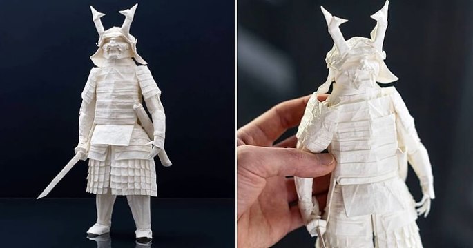 Ce samouraï très détaillé en origami est fait à partir d'une seule feuille de papier, sans découpe ni colle