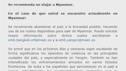 España recomienda a sus ciudadanos que salgan de Birmania lo antes posible