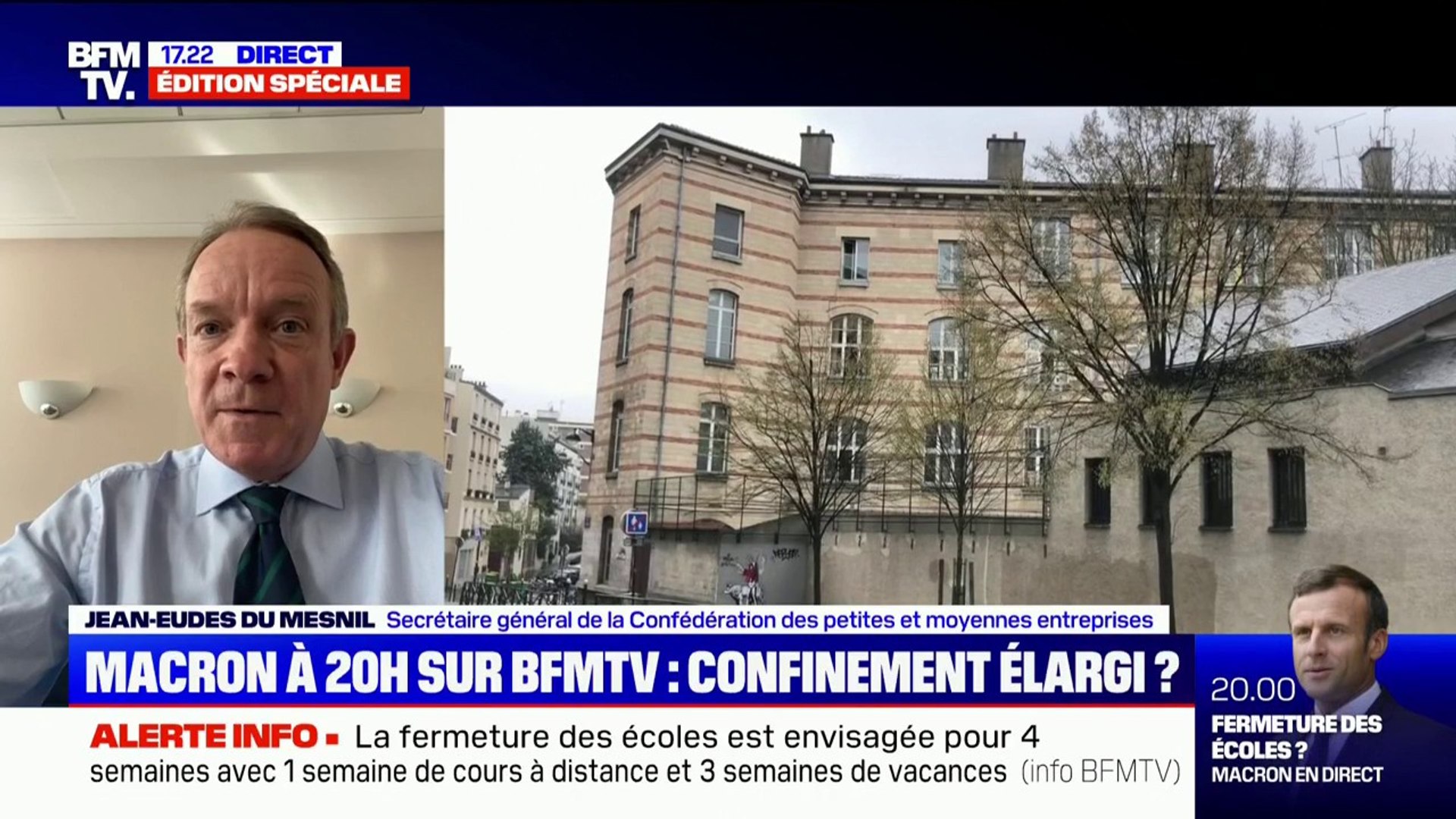 Pour Jean-Eudes du Mesnil (CPME), une fermeture des écoles serait  "difficile à gérer pour les entreprises" - Vidéo Dailymotion