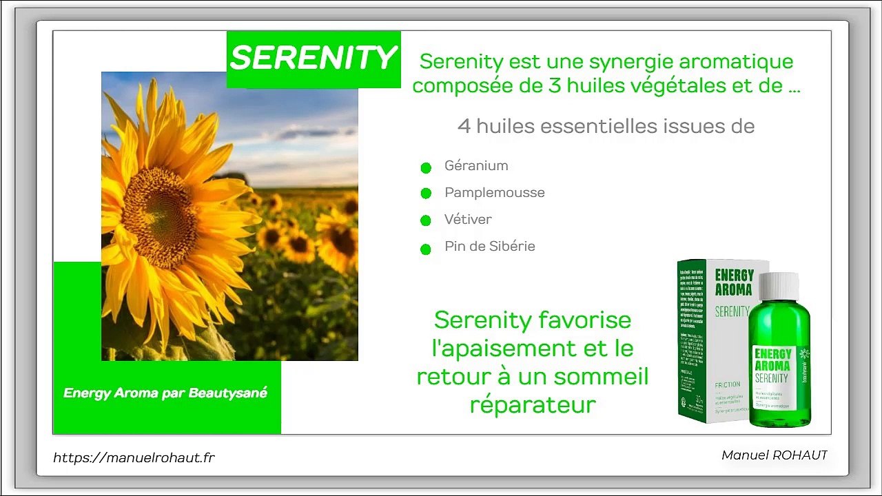 Serenity est une synergie aromatique proposée par Beautysané sous forme de friction - huiles essentielles d'origine végétale extraites par distillation  traditionnelle à la vapeur d'eau