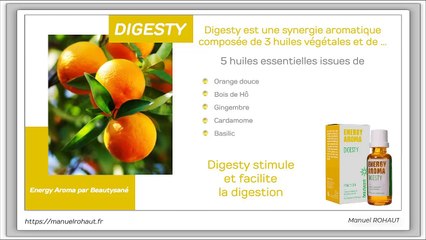 Digesty est une synergie aromatique proposée par Beautysané sous forme de friction - huiles essentielles d'origine végétale extraites par distillation  traditionnelle à la vapeur d'eau