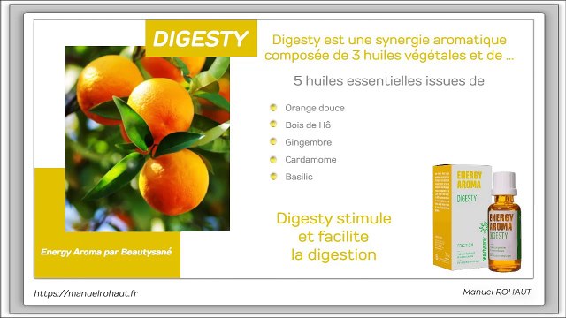 Digesty est une synergie aromatique proposée par Beautysané sous forme de friction - huiles essentielles d'origine végétale extraites par distillation traditionnelle à la vapeur d'eau