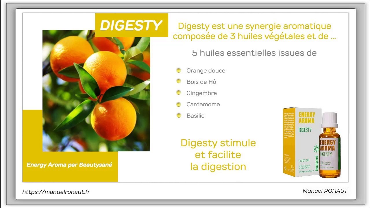 Digesty est une synergie aromatique proposée par Beautysané sous forme de friction - huiles essentielles d'origine végétale extraites par distillation  traditionnelle à la vapeur d'eau
