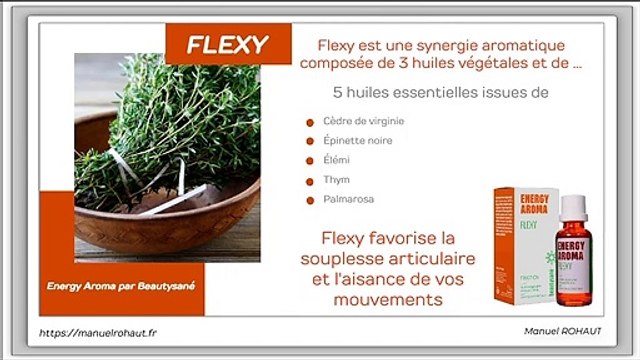 Flexy est une synergie aromatique proposée par Beautysané sous forme de friction - huiles essentielles d'origine végétale extraites par distillation traditionnelle à la vapeur d'eau