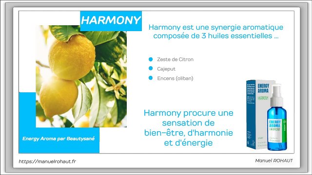 Harmony est une synergie aromatique proposée par Beautysané sous forme de brume - huiles essentielles d'origine végétale extraites par distillation traditionnelle à la vapeur d'eau