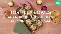 Tortilla Bowls aux noix de Saint-Jacques, citron vert, baies roses et fondue de poireaux