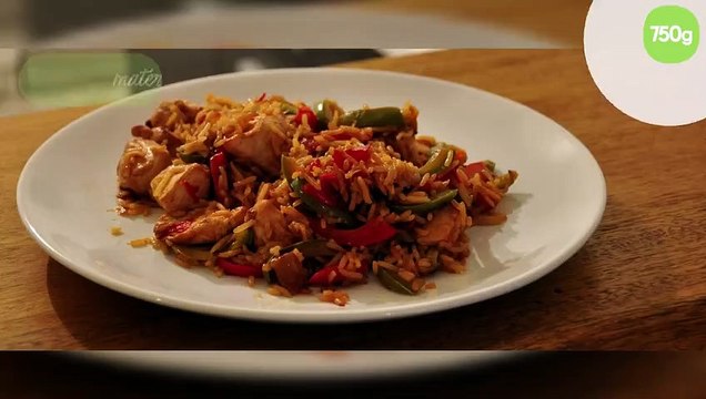 Poêlée aux deux poivrons, poulet, riz basmati et sauce soja