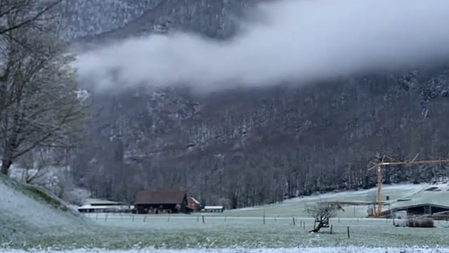 Watch as an idyllic Swiss landscape is transformed by snow
