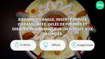 Bavarois vanille, insert pommes caramélisées, gelée de pommes et disques de caramel sur un biscuit                aux amandes