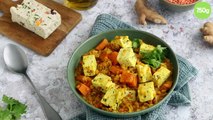 Dahl de lentilles corail, patate douce et tofu épinard noisette