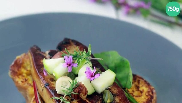 Brioche perdue au Floc de Gascogne, foie gras du Gers poêlé aux fruits secs et chutney d'abricots