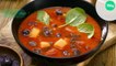 Gaspacho tomate, coulis d'olives violette & cubes de saison