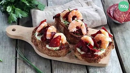 Bruschetta aux gambas et chorizo Halal Isla Délice