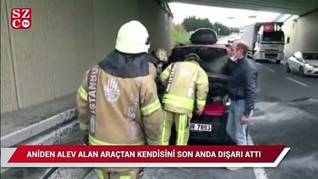 Aniden alev alan araçtan kendisini son anda dışarı attı