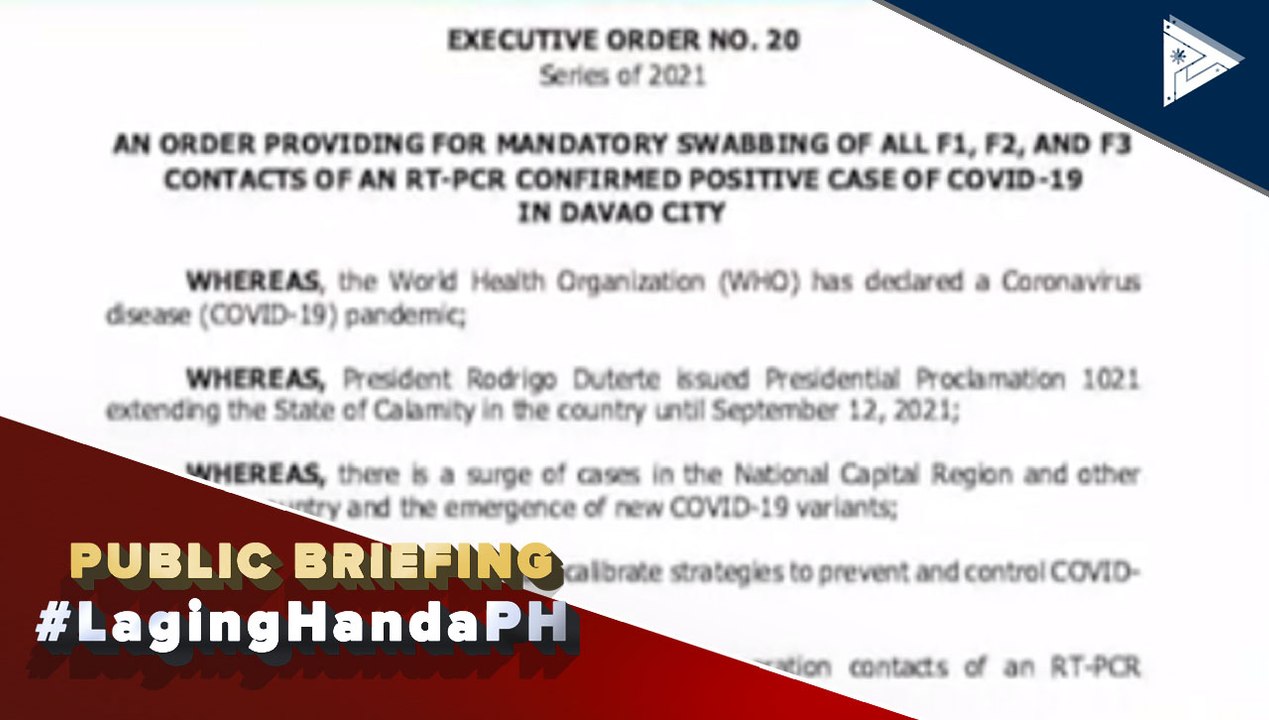 Pagsasailalim sa mandatory swab test ng F1, F2 at F3 contacts ng isang COVID-19 positive, ipatutupad sa Davao City