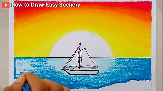 Drawing Easy Sunset Scenery For Beginners | How To Draw Beautiful Sunset Scenery With Oil Pastels