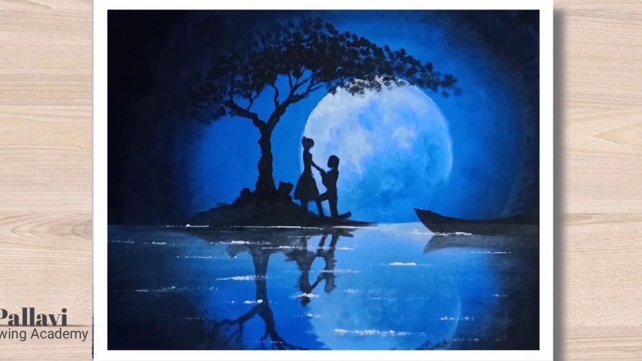 How to draw beautiful and easy night painting with love couple _Pallavi Drawing Academy