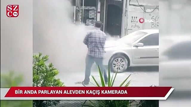 Bir anda parlayan alevden kaçış kamerada