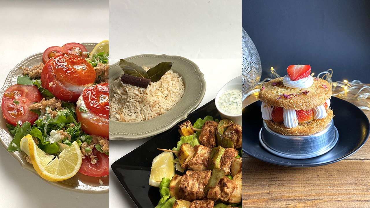 Tomate pochée à l’œuf, riz oriental, Brochettes de poulet, Kunafa - koujinet romdhan 4 EP 1