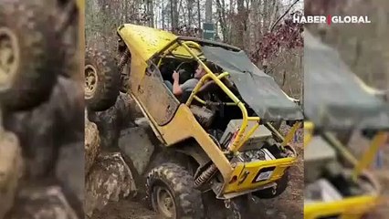 Kayalıklarda takılan arazi aracının kurtuluşu böyle görüntülendi